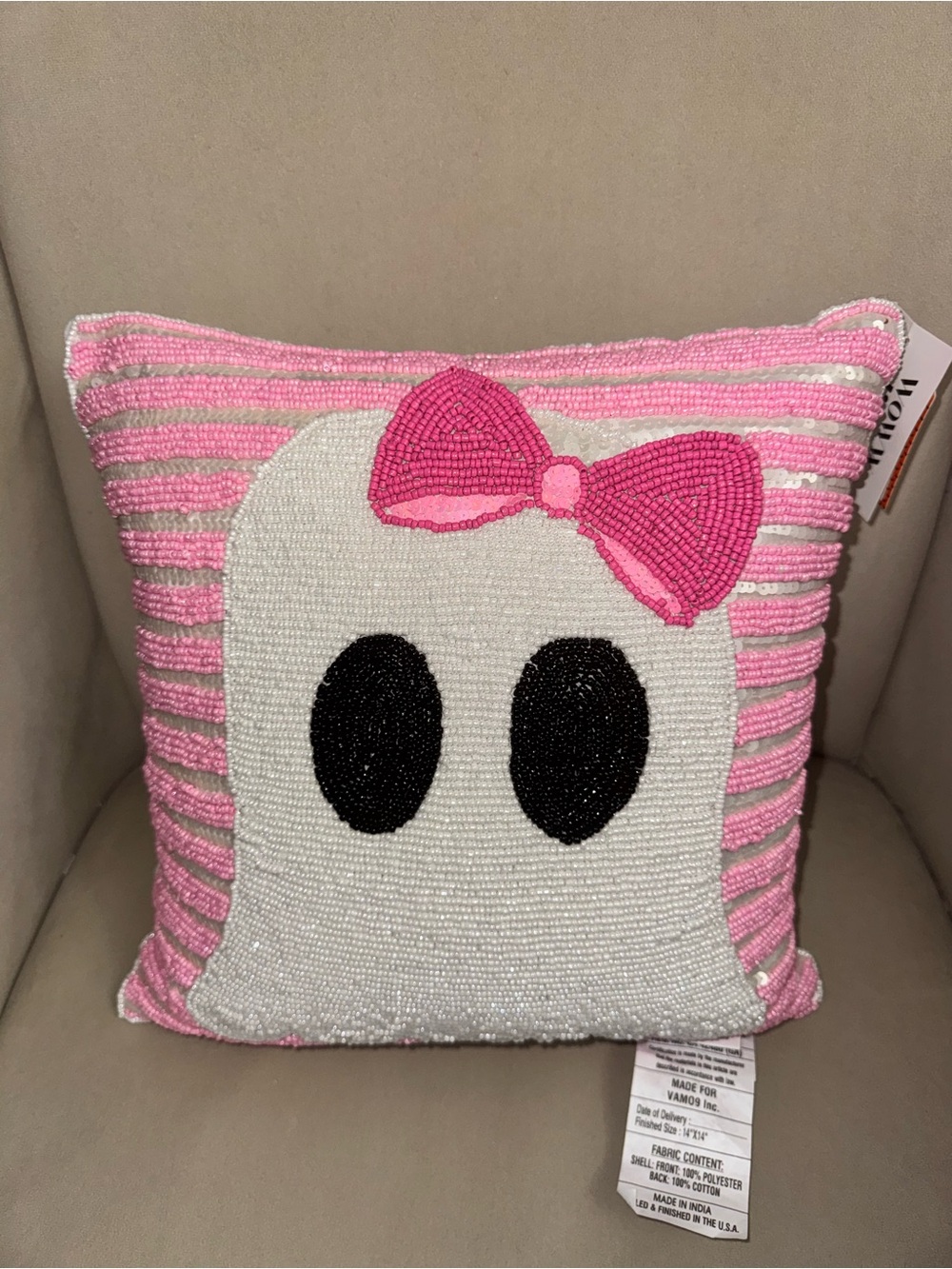 Pink and White Beaded Ghost Pillow with Bow